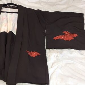 Brown & Red Kimono Silk Leaf Patter Interior with Red Embroidery